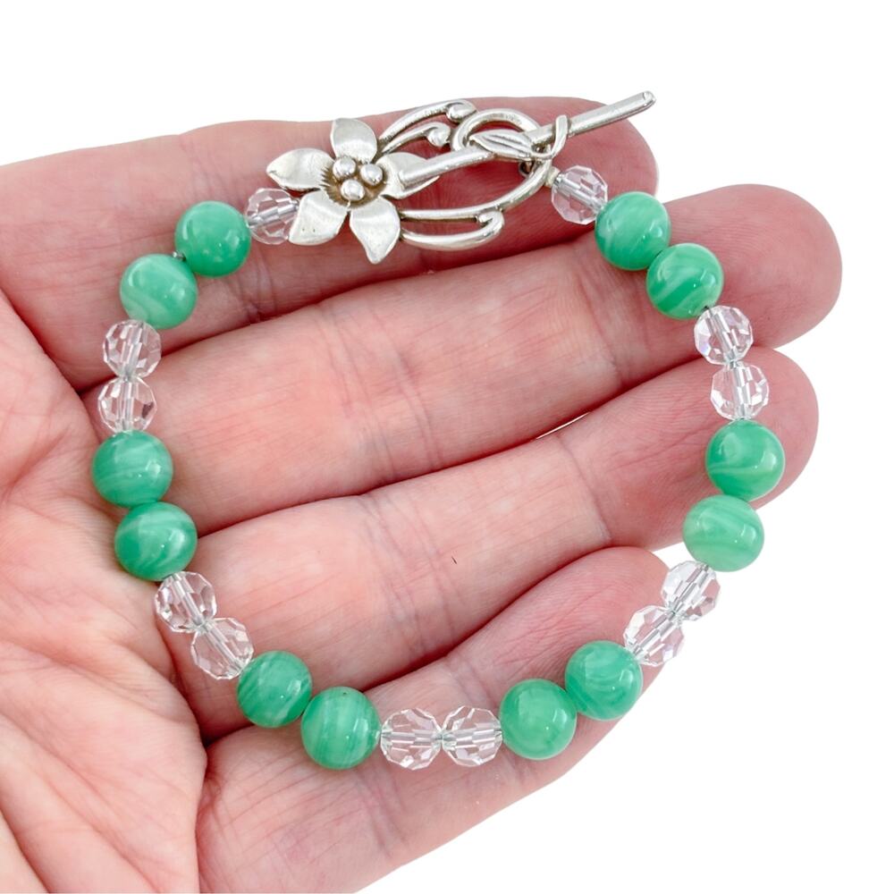 Vintage Sterling Silver 925 Green Glass Flower Bracelet 7.25"